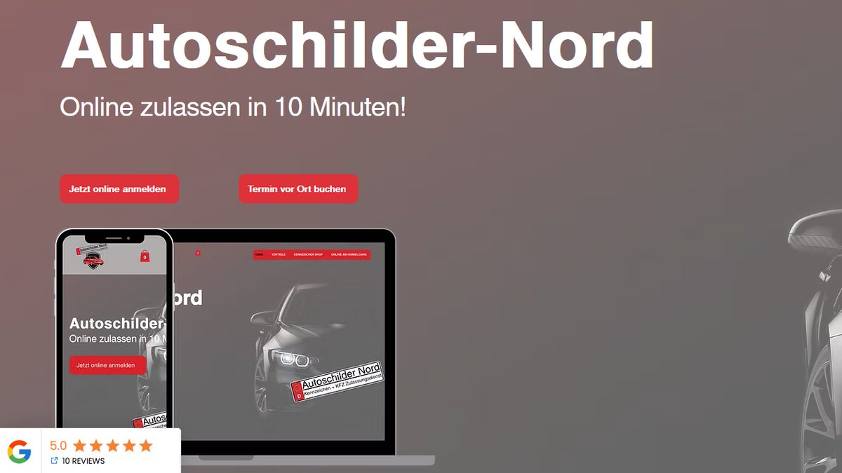 Startseite der Website von Autoschilder-Nord mit Online-Zulassung