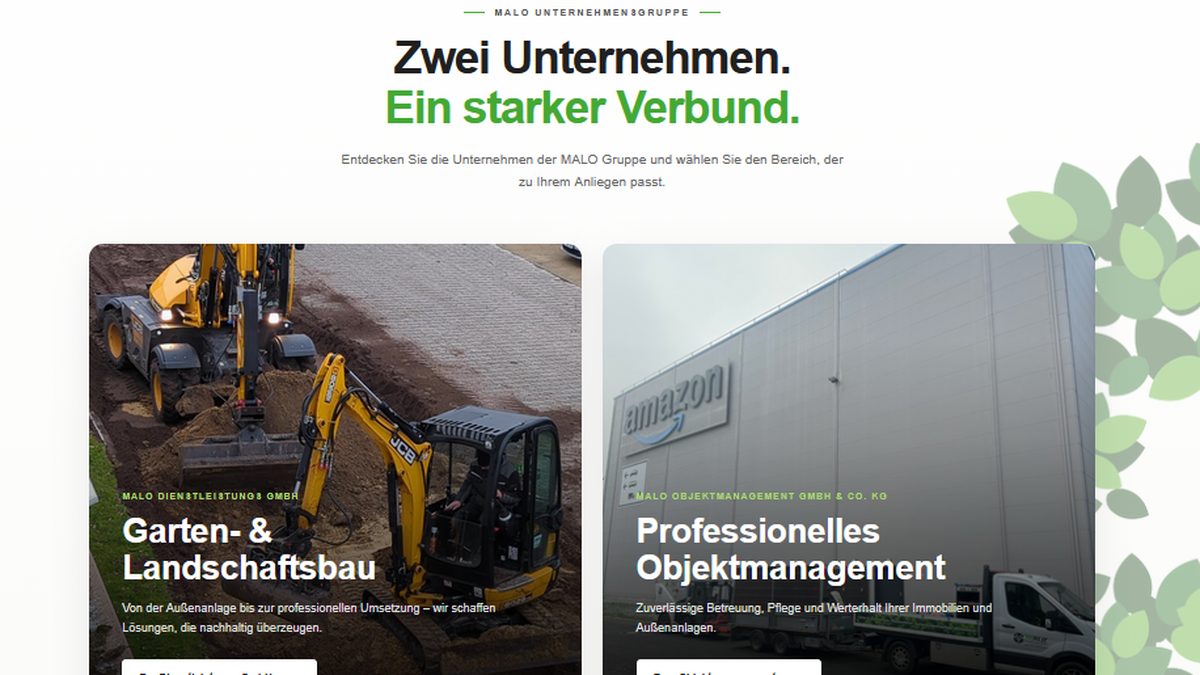 Startseite der MALO Unternehmensgruppe mit den Bereichen Garten- und Landschaftsbau und Objektmanagement